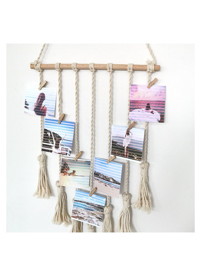 Macrame Wall Hanging Photo Card Display With Wood Clips Hanging Pictures Organizer Bohemian Handmade Woven Tapestry Home Decor, 27