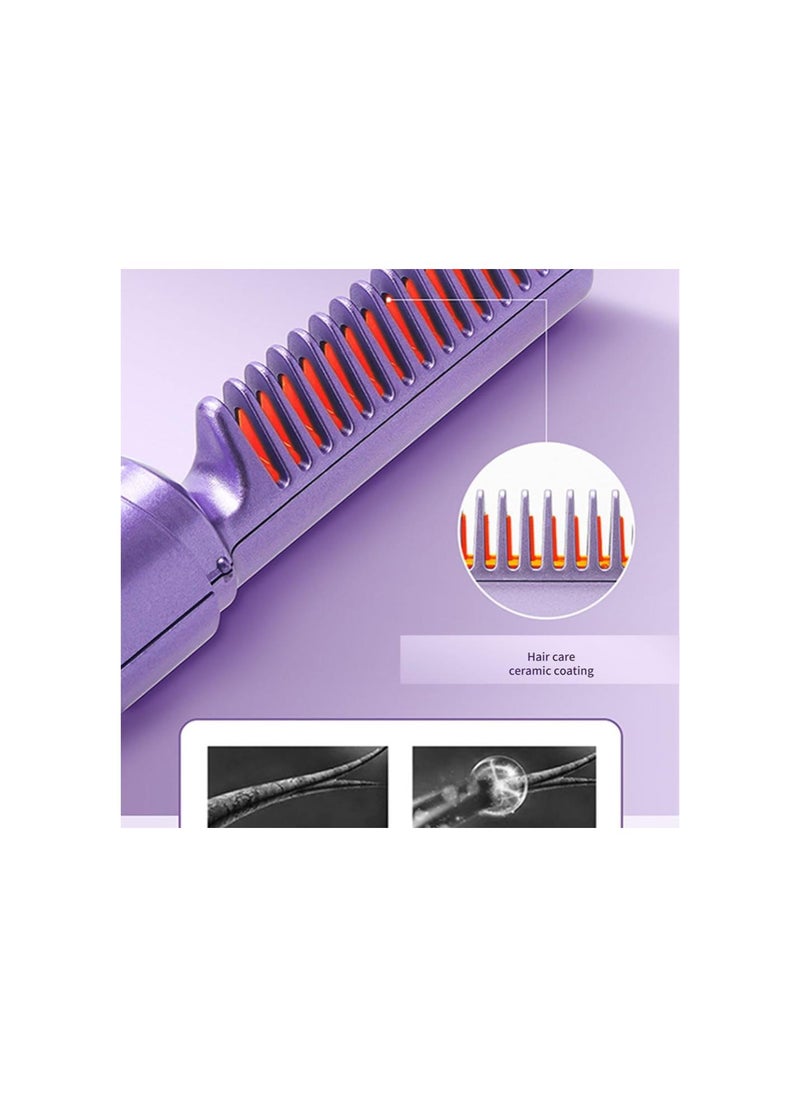 Rechargeable Mini Hair Straightener Comb, Portable Mini Heat Straightening Brush, Cordless for Trip Travel 3 Temperature Adjustments Flat Iron for Short Hair (Purple)