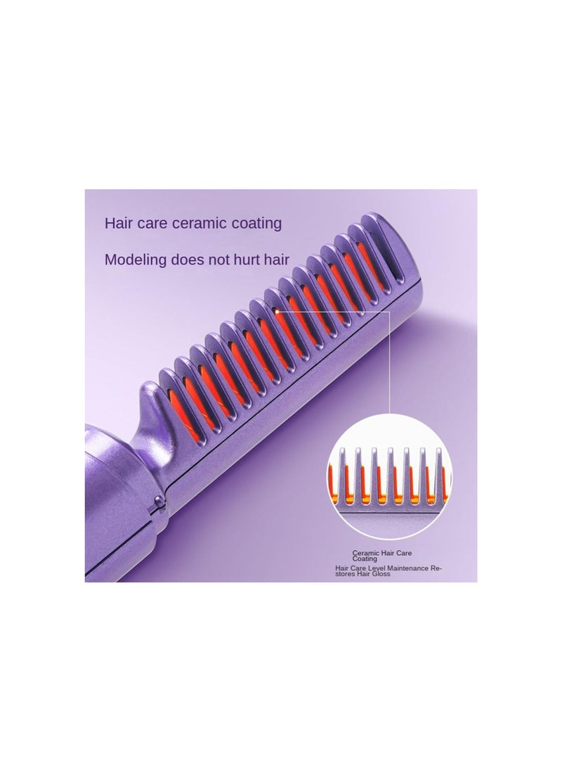 Rechargeable Mini Hair Straightener Comb, Portable Mini Heat Straightening Brush, Cordless for Trip Travel 3 Temperature Adjustments Flat Iron for Short Hair (Purple)