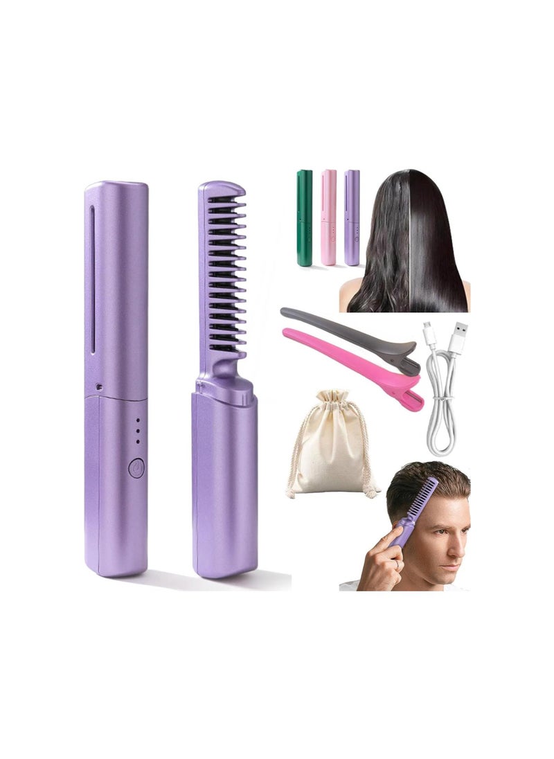 Rechargeable Mini Hair Straightener Comb, Portable Mini Heat Straightening Brush, Cordless for Trip Travel 3 Temperature Adjustments Flat Iron for Short Hair (Purple)