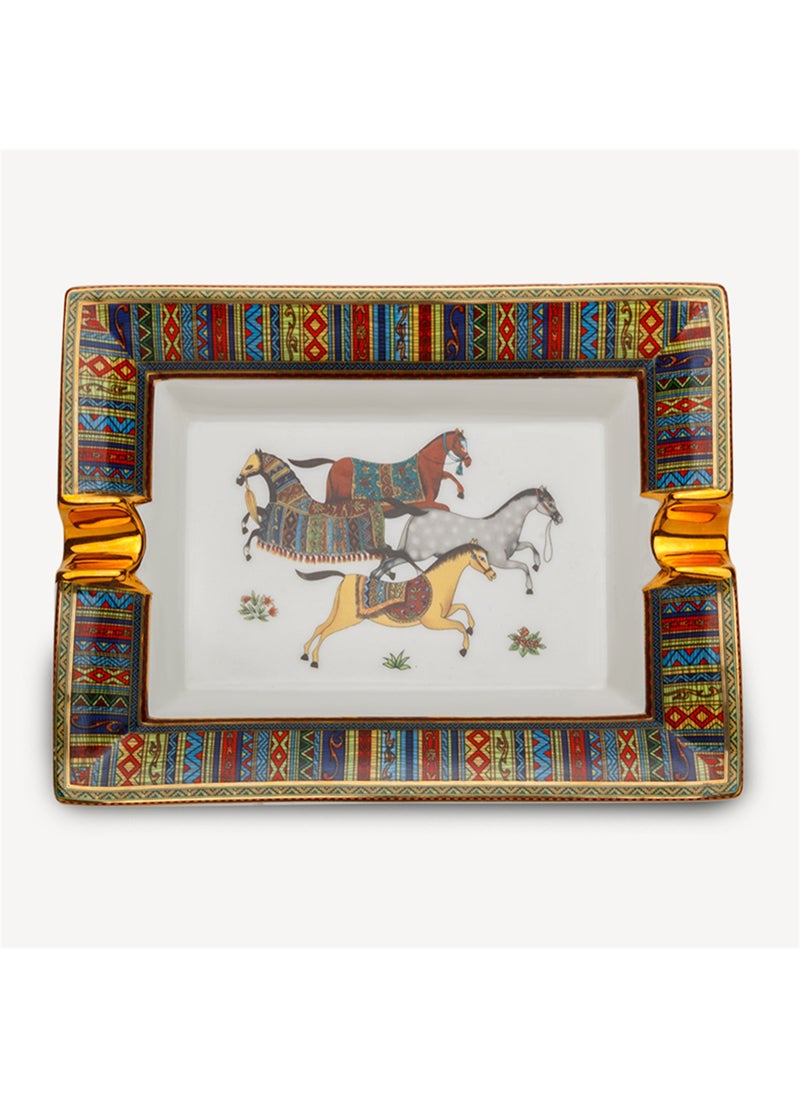 4 Horse Golden Road Porcelain Large Cigar Ashtray – Ceramic, Holds 2 Cigars, Patterned Design