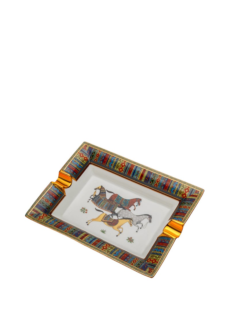 4 Horse Golden Road Porcelain Large Cigar Ashtray – Ceramic, Holds 2 Cigars, Patterned Design