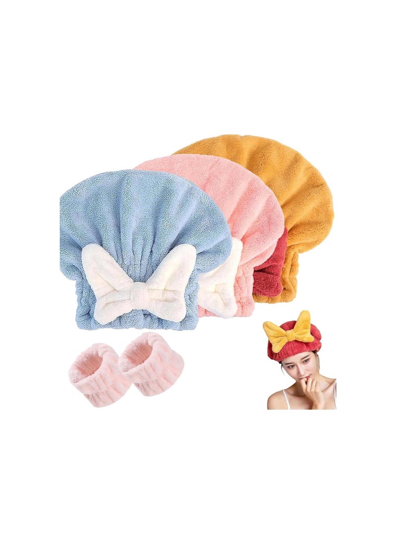 Super Absorbent Hair Towel Wrap for Wet Hair, Quick Dry Microfiber Hair Towel with Bow-Knot Shower Cap, Bath Accessories for Women with Long & Thick Hair (Yellow+Blue+Pink)