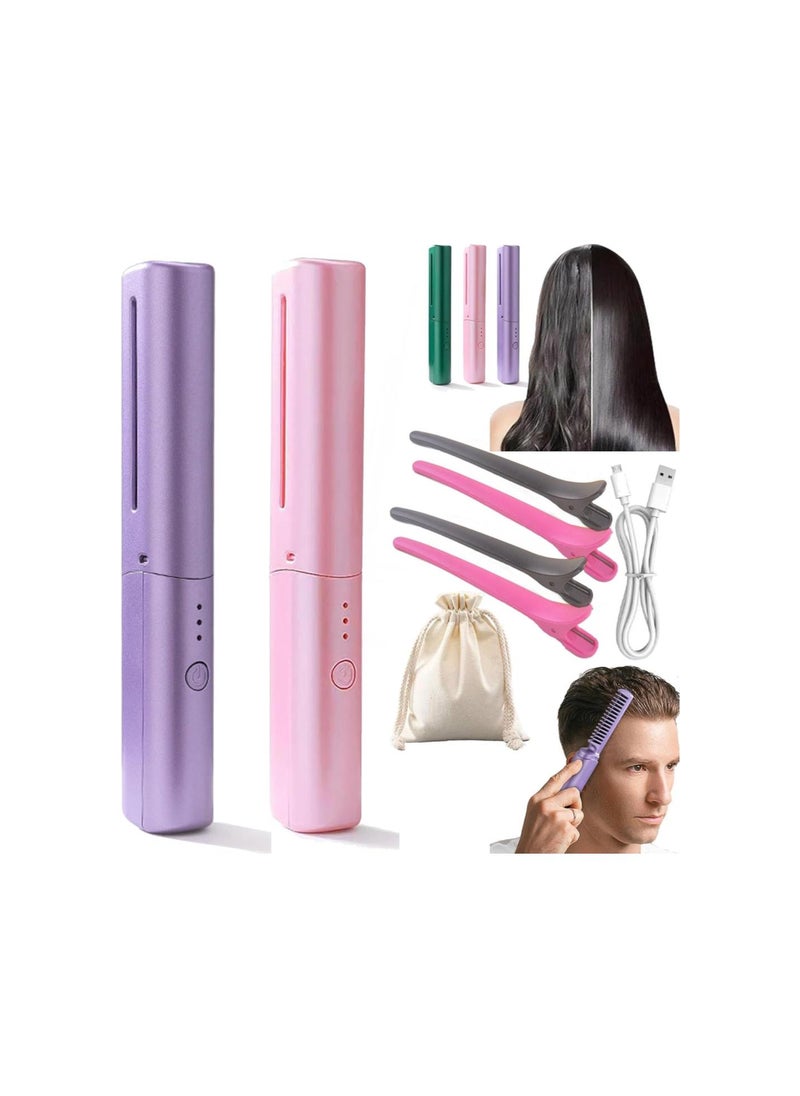 Rechargeable Mini Hair Straightener Comb, Portable Mini Heat Straightening Brush, Cordless for Trip Travel 3 Temperature Adjustments Flat Iron for Short Hair (Pink, Purple)