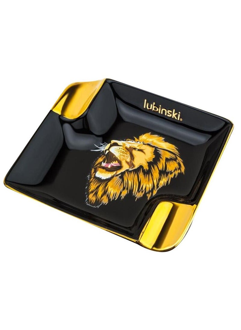 Lion Black Porcelain Cigar Ashtray – Black & Gold Ceramic, Holds 2 Cigars, Elegant Design