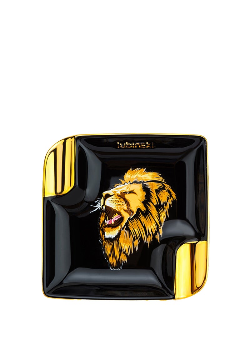 Lion Black Porcelain Cigar Ashtray – Black & Gold Ceramic, Holds 2 Cigars, Elegant Design