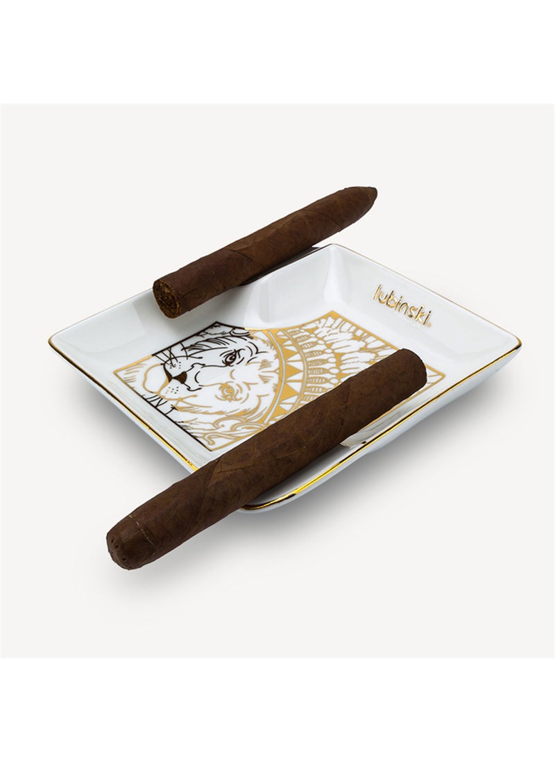 Lion White Porcelain Cigar Ashtray – Elegant Ceramic Design with Gold Accents, 2 Cigar Capacity