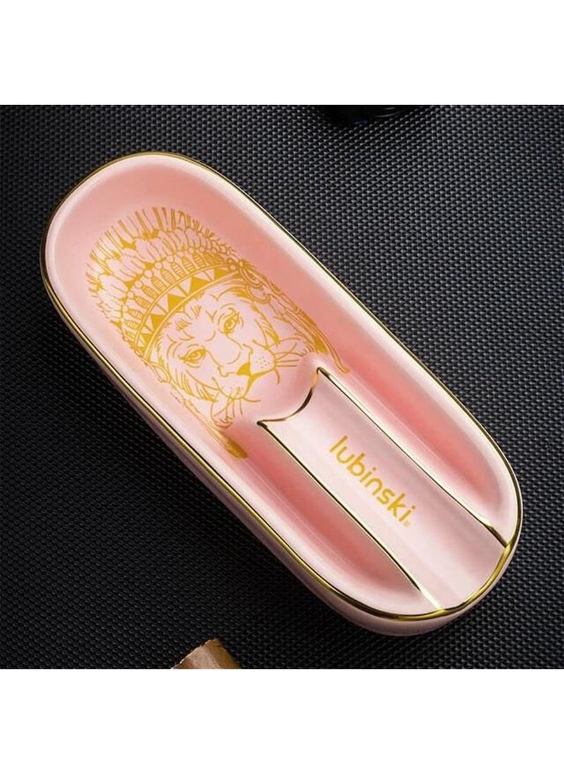 Lion Pink Gold Matte Porcelain Cigar Ashtray – Oval Design with Lion Motif, Gift Box