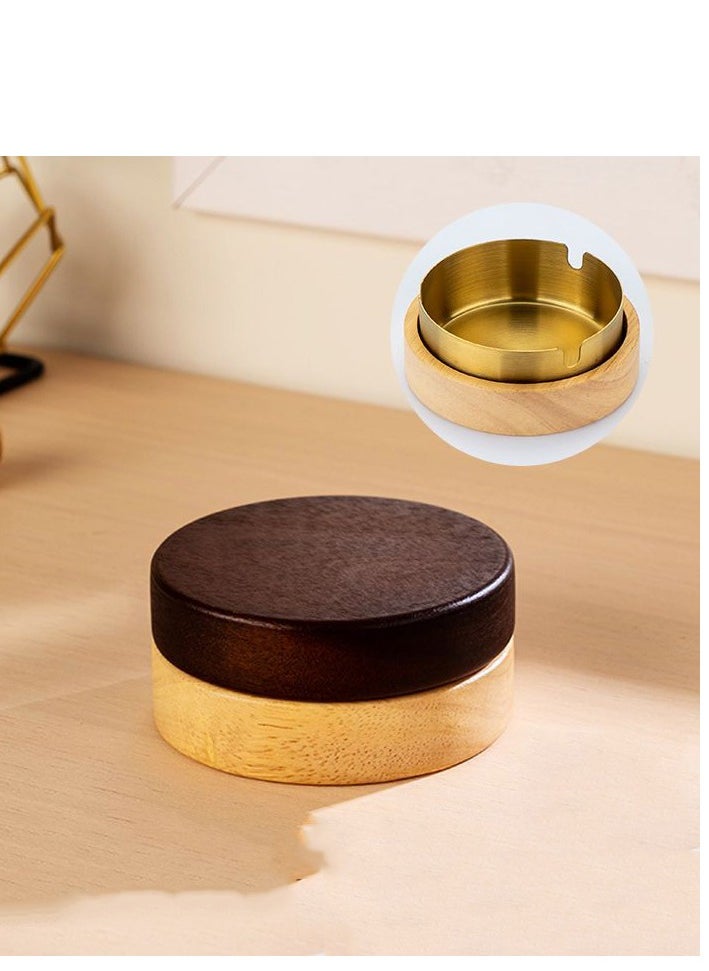 Solid wood ashtray with golden stainless steel liner, windproof decorative ashtray for home