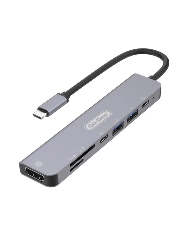 7 in 1 USB Type C to Adapter Hub with 4K HDMI,TF/ SD Card Reader, USB-C, PD charging, 2 USB-A for MacBook and more(GD-6831)