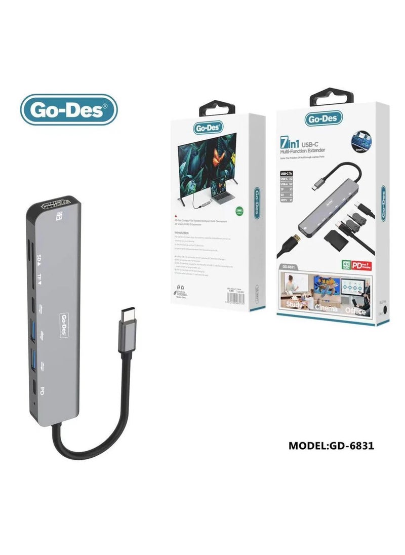 7 in 1 USB Type C to Adapter Hub with 4K HDMI,TF/ SD Card Reader, USB-C, PD charging, 2 USB-A for MacBook and more(GD-6831)