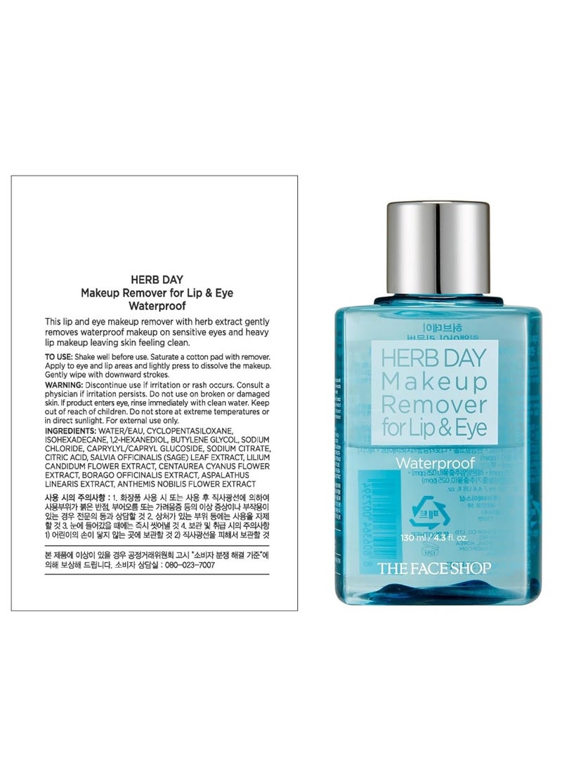 The Face Shop Herb Day Lip & Eye Makeup Remover - Gentle Cleansing Oil Facial Cleanser - Removes Waterproof Mascara - Micellar Water Makeup Remover - Korean Skin Care Suitable for All Skin Types