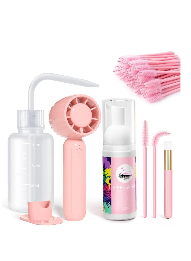 Buqikma Lash Cleaning Kit - Lash Shampoo Kit Eyelash Extension Cleanser for Extensions 60ML with Rechargeable Handheld Lash Fan Dryer Mascara Brush Rinse Bottle Makeup Cleansing Foam for Lash Care