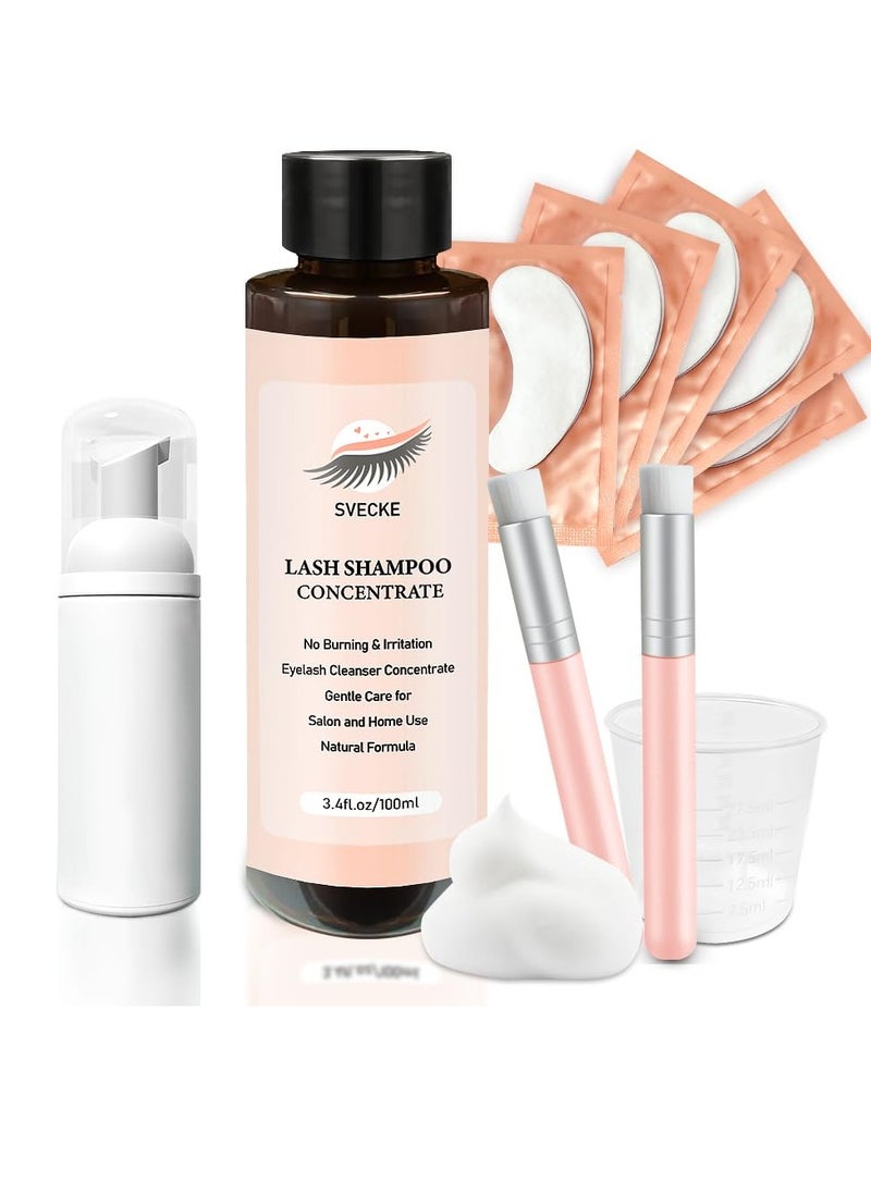 Lash Shampoo Concentrate 100ml for Lash Extension, Lash Shampoo Kit for Eyelash Cleansing, Oil-Free Eyelash Extension Cleanser Concentrate, Lash Cleaning Kit with Brush Bottle