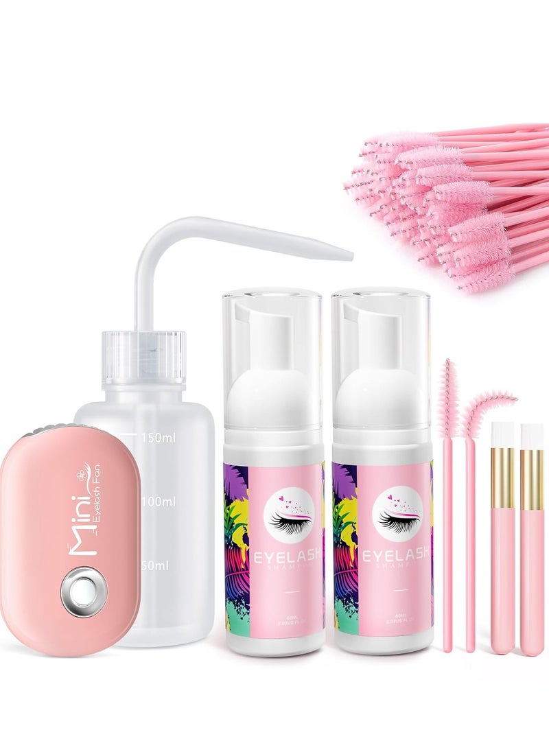 Buqikma Lash Shampoo Kit - 2PCS 60ML Eyelash Shampoo Lash Cleaning Kit for Eyelash Extensions Foam Lash Cleanser with Type C Mini Lash Fan Rinse Bottle Mascara Brushes for Lash Wash Salon Home(Pink)