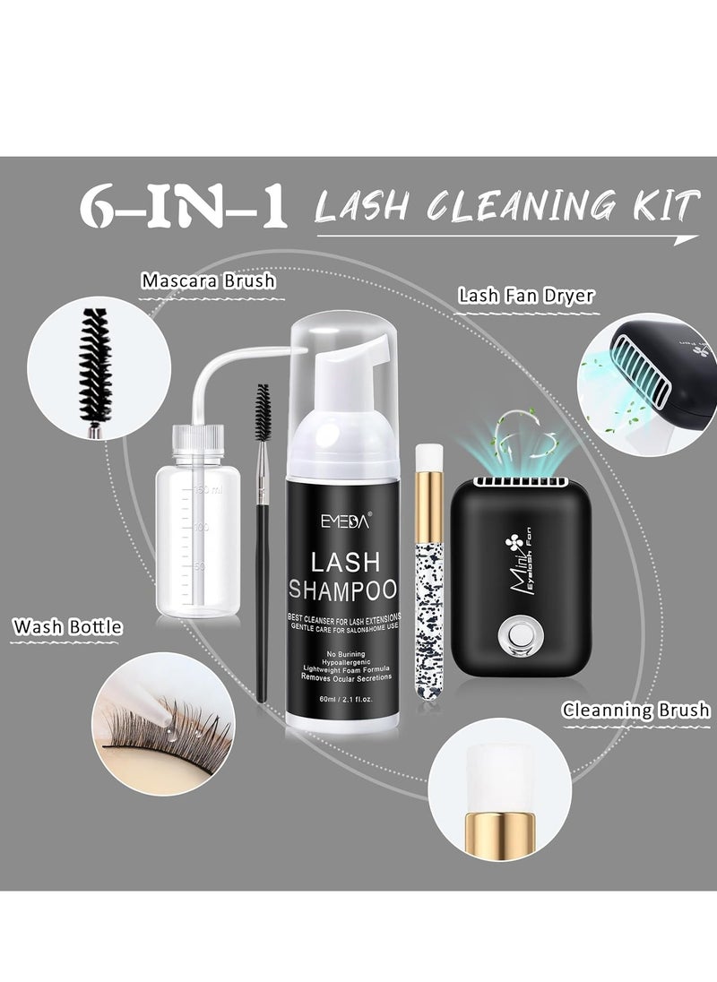 EMEDA Lash Shampoo Kit Cleaning Bath - Lash Cleanser for Extensions, USB Mini Portable Fan Brush Wash Bottle, Oil Free Lash Foam Safe for Natural Lashes Eyelash Shampoo for Lash Extensions