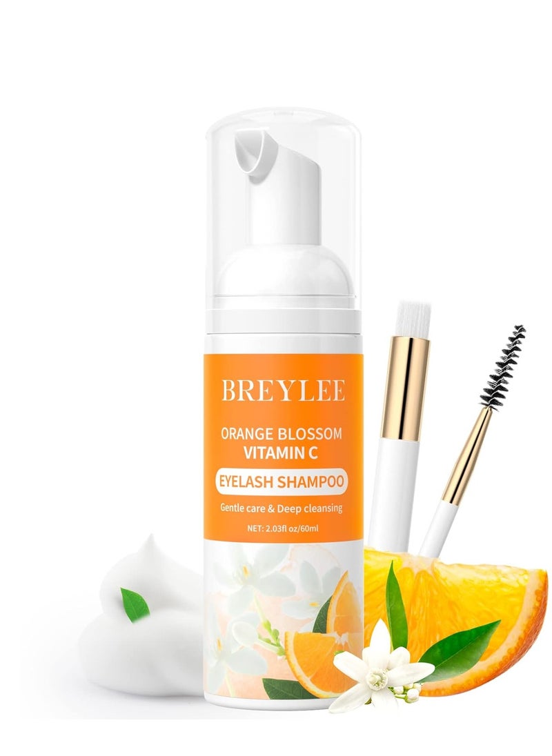 Eyelash Extension Cleanser Brelyee Orange Blossom Lash shampoo 60ml + Brush, Eyelash Wash for Extensions, Lash Cleanser, Lash Bath, Lash Cleaner, Paraben & Sulfate Free for Professional & Self Use