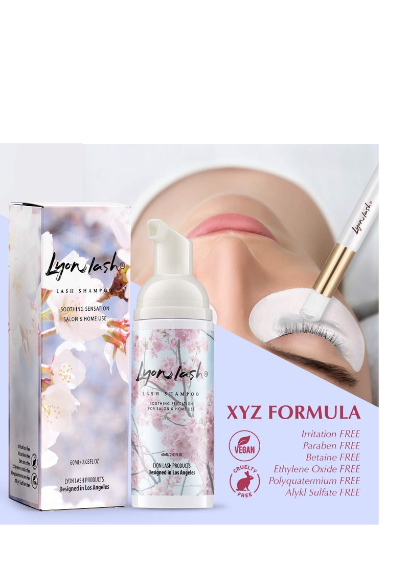 Eyelash Extension Shampoo - Lyon Lash Eyelid Foam Cleanser/Gentle Formula for Sensitive people/Paraben & Sulfate Free/Remove Eye Makeup & Oil & Dust/For Salon and Home Use (60ml without brushes)