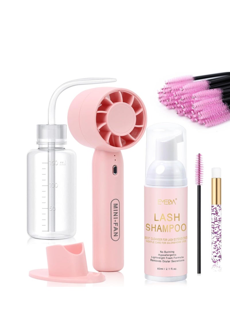 EMEDA Lash Shampoo Kit 2.02 fl oz Lash Cleaning Kit with Rechargeable Fan Dryer/Brush/Rinse Bottle, Oil-free Cleanser Wash for Extensions & Clusters & Natural Lashes, Cleaner for Eyelash Care