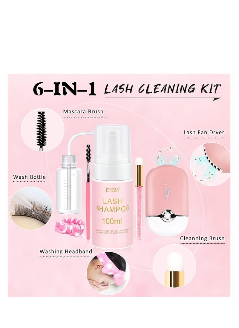 EMEDA Lash Shampoo for Extensions Cleaning Bath Kit for Cluster Lashes, Fan Brush Wash Bottle Hair Band, Oil Free Foam Soap Cleaner, Eyelash Cleanser