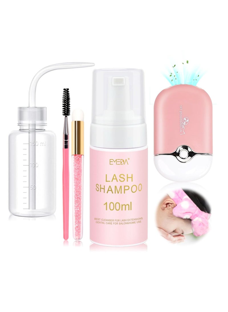 EMEDA Lash Shampoo for Extensions Cleaning Bath Kit for Cluster Lashes, Fan Brush Wash Bottle Hair Band, Oil Free Foam Soap Cleaner, Eyelash Cleanser