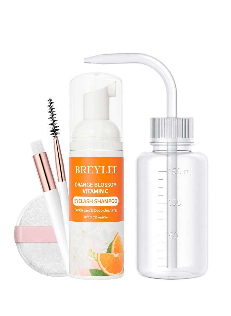 BREYLEE Eyelash Extension Cleanser, Lash Shampoo for Extensions, Lash Cleanser, Lash Bath, Lash Cleaner, Lash Cleaning Kit with Rinse Bottle+Brush+Pad for Professional & Self