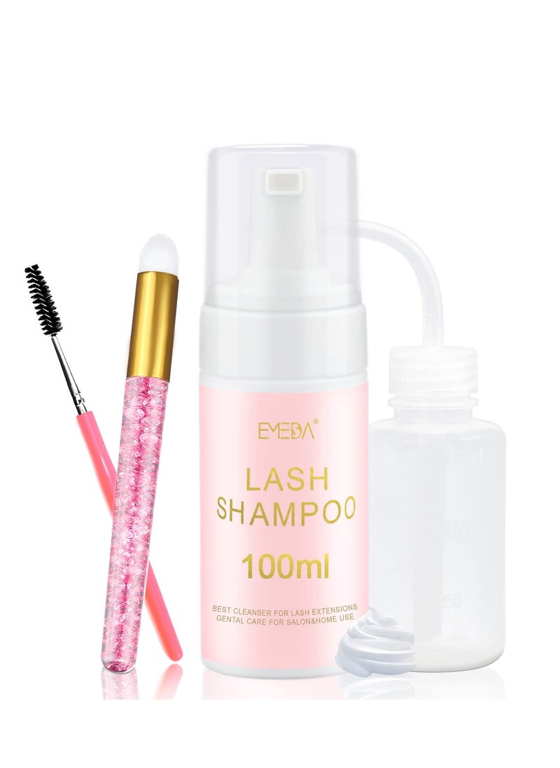 EMEDA Lash Shampoo Kit - 3.38 fl.oz / 100ml Gentle Foam Lash Cleanser, Oil-Free Cleaning for Wash Extension/Natural Eyelash Bath with Rinse Bottle Lash Brush