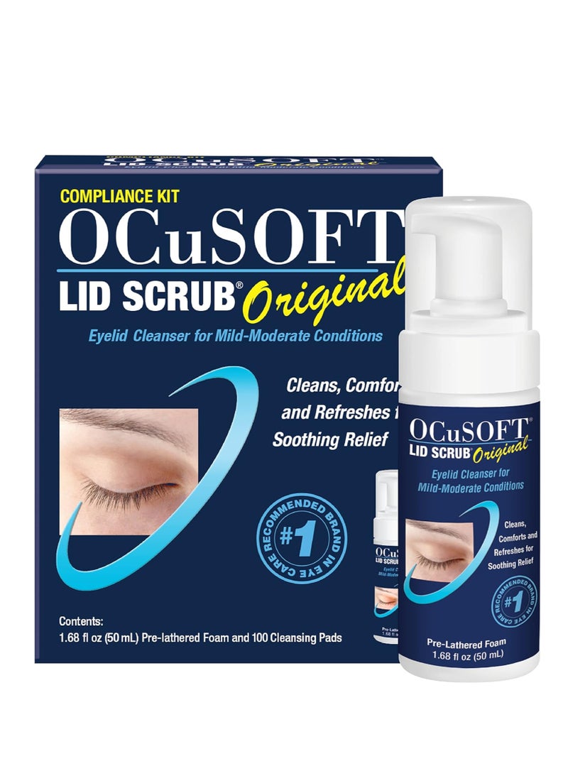 OCuSOFT Lid Scrub Original Compliance Kit - Instant Foaming Eyelid Scrub & Lint-Free Wipes - Daily Eyelid Kit to Remove Oil, Dust, Pollen & Eye Makeup - 1.68 fl oz & 100 Dry Pads