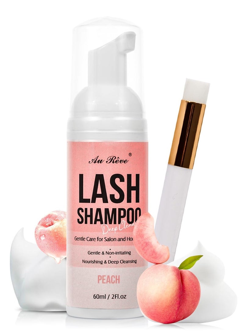 Lash Shampoo for Lash Extensions 60 Ml/2fl.oz Eyelash Extension Cleanser Oil Free Lash Cleanser for Eyelash Care, Gentle Foaming Eyelash Shampoo with Brush for Salon Home Care (Peach 60ml)