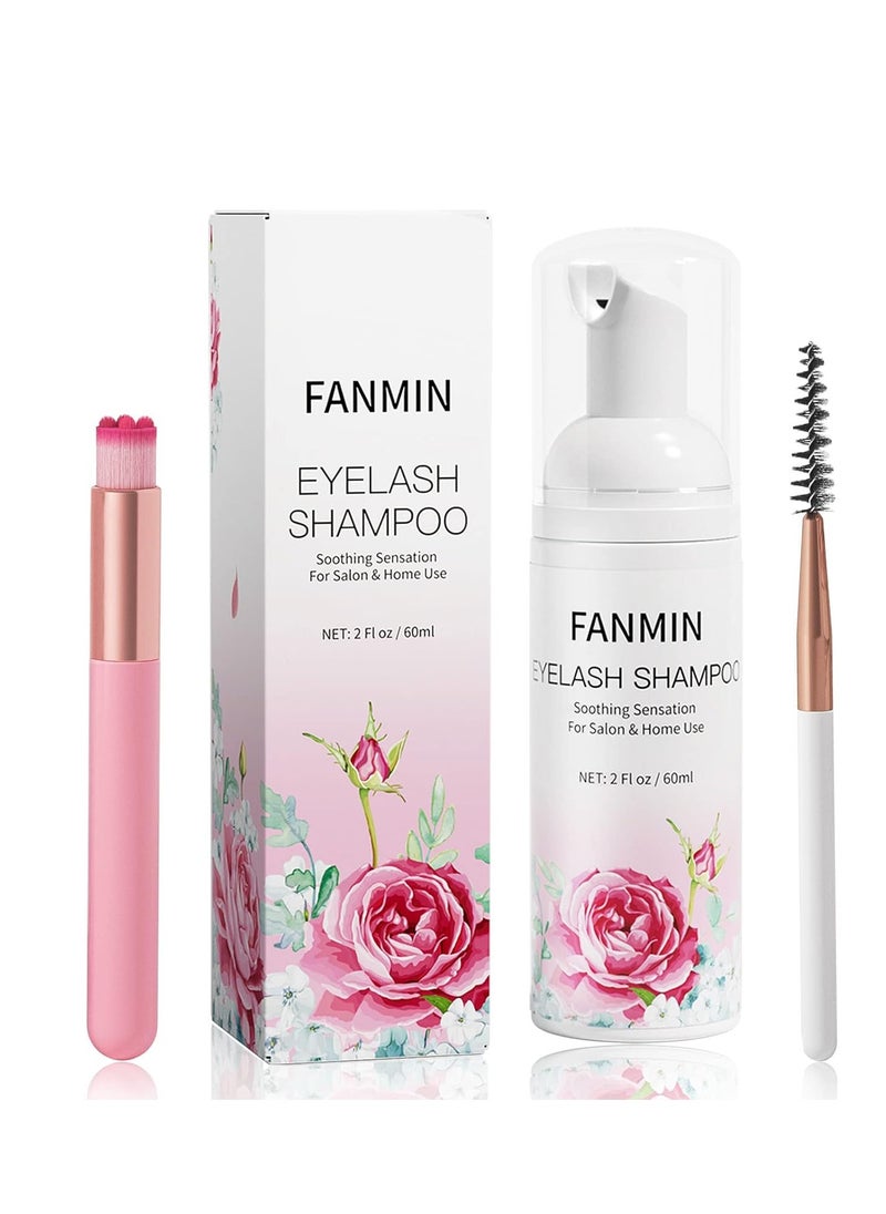Eyelash Extension Cleanser 60ml +Mascara Wand+ Brush Eyelid Foaming Cleanser,Eyelash Wash and Lash Bath for Extensions,Paraben & Sulfate Free,Makeup Remover,Salon and Home use（60ml/2fl.oz）