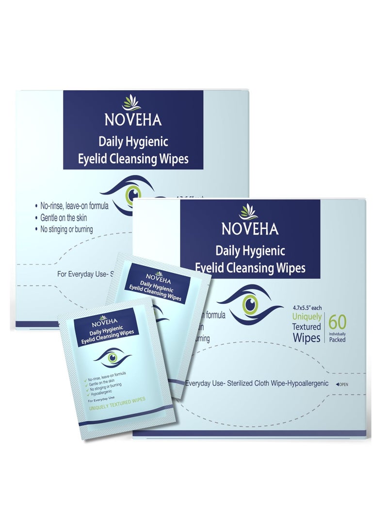 NOVEHA 120Pcs Daily Hygienic Eyelid & Lash Wipes | 120 Individually Wrapped Cleansing Eyelash Wipes - For Blepharitis & Itchy Eyes, Demodex and Natural Makeup Remover & Daily Cleanser (2 Pack)