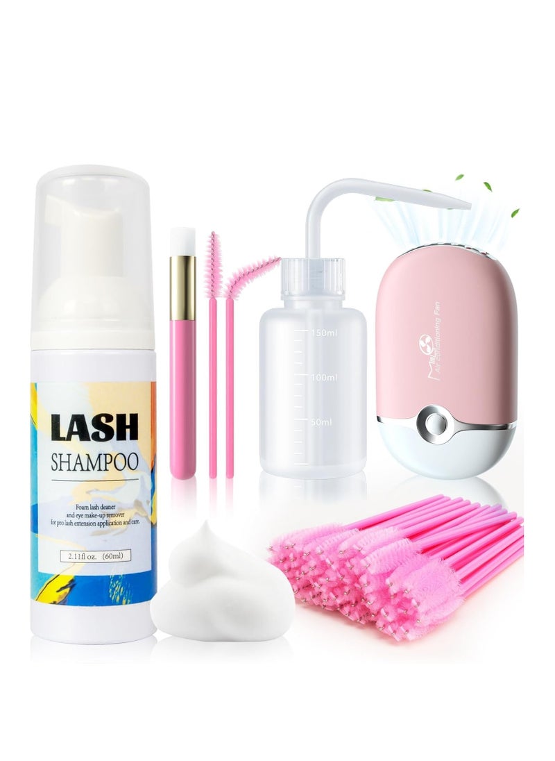 Buqikma Lash Shampoo for Lash Extensions - 60ML Lash Extension Cleanser with Lash Fan Cleaning Brush Rinse Bottle and 50 Pcs Mascara Brush, Rich Foam Lash Wash for Eyelash Extension Home Use(Pink)