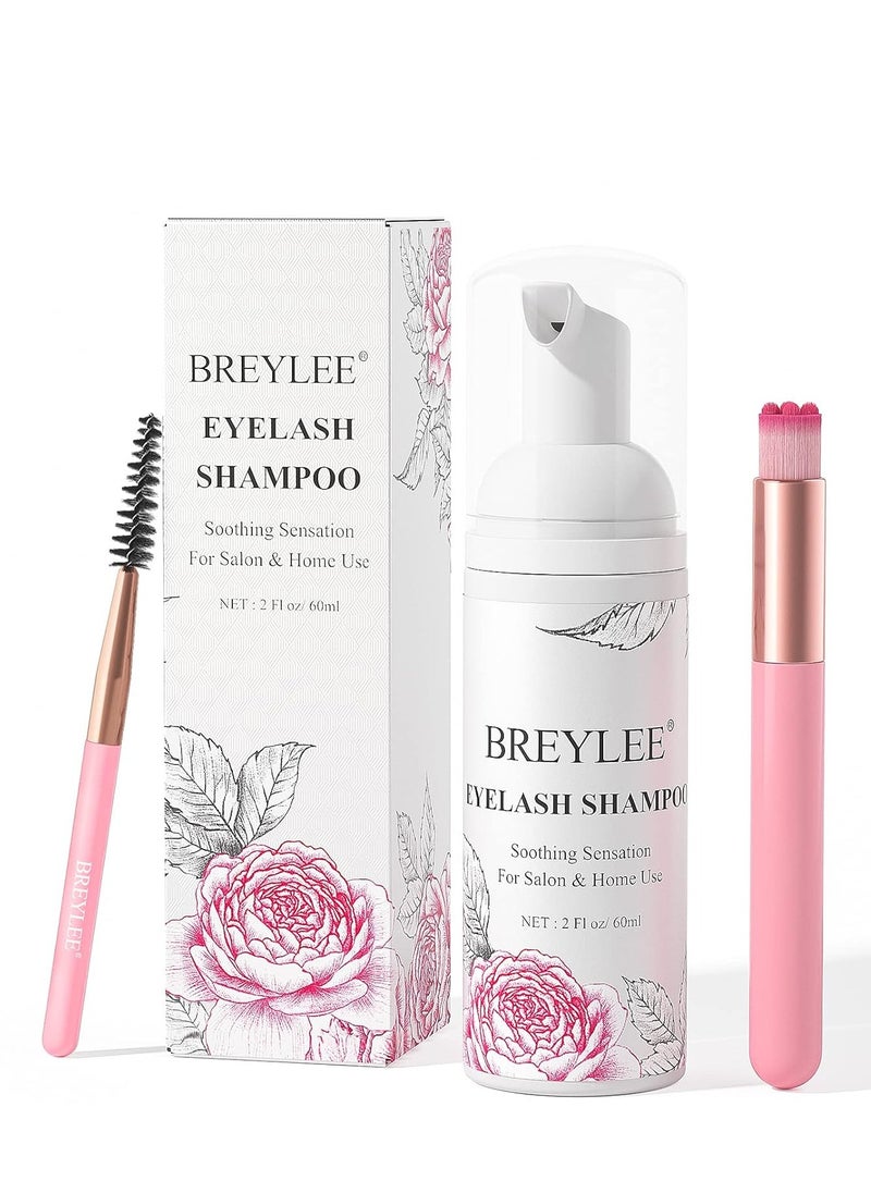 BREYLEE Eyelash Extension Cleanser,Eyelash Extension Shampoo, Eyelash Extension Foam & Brushes Eyelid Cleanser for Makeup Remover Paraben & Sulfate Free for Salon and Home Use