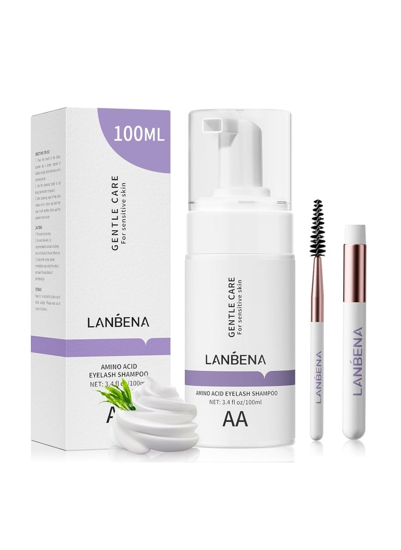 LANBENA 100ml Eyelash Extension Cleanser/Shampoo with AMINO ACID, Oil Free Foam Bath Lash Cleaning Kit with Brush,Home Salon Use