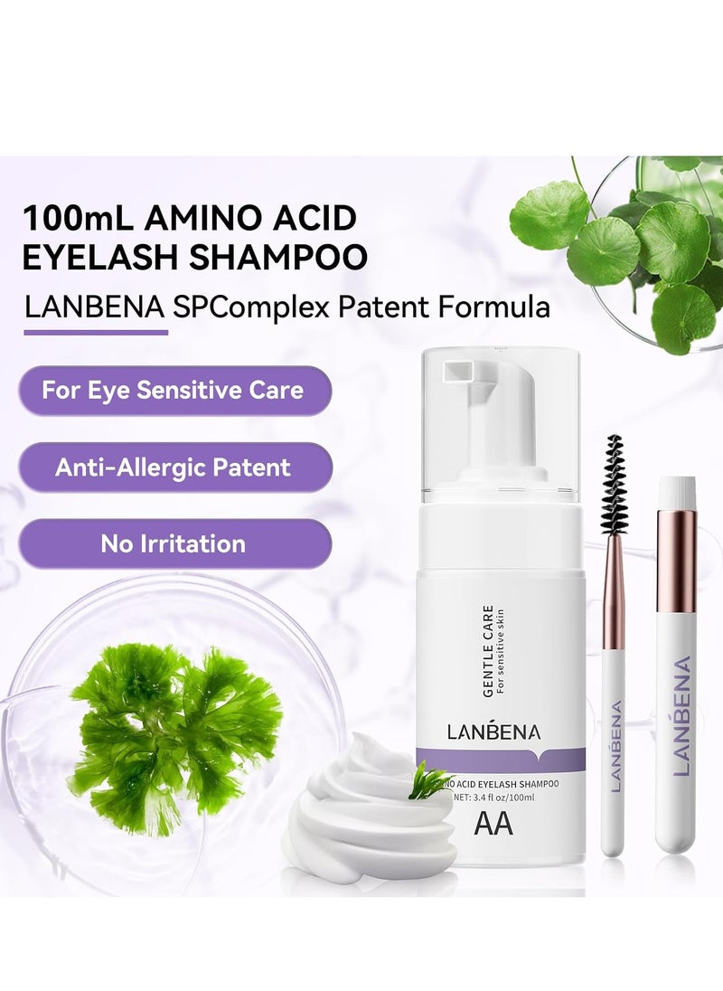 LANBENA 100ml Eyelash Extension Cleanser/Shampoo with AMINO ACID, Oil Free Foam Bath Lash Cleaning Kit with Brush,Home Salon Use