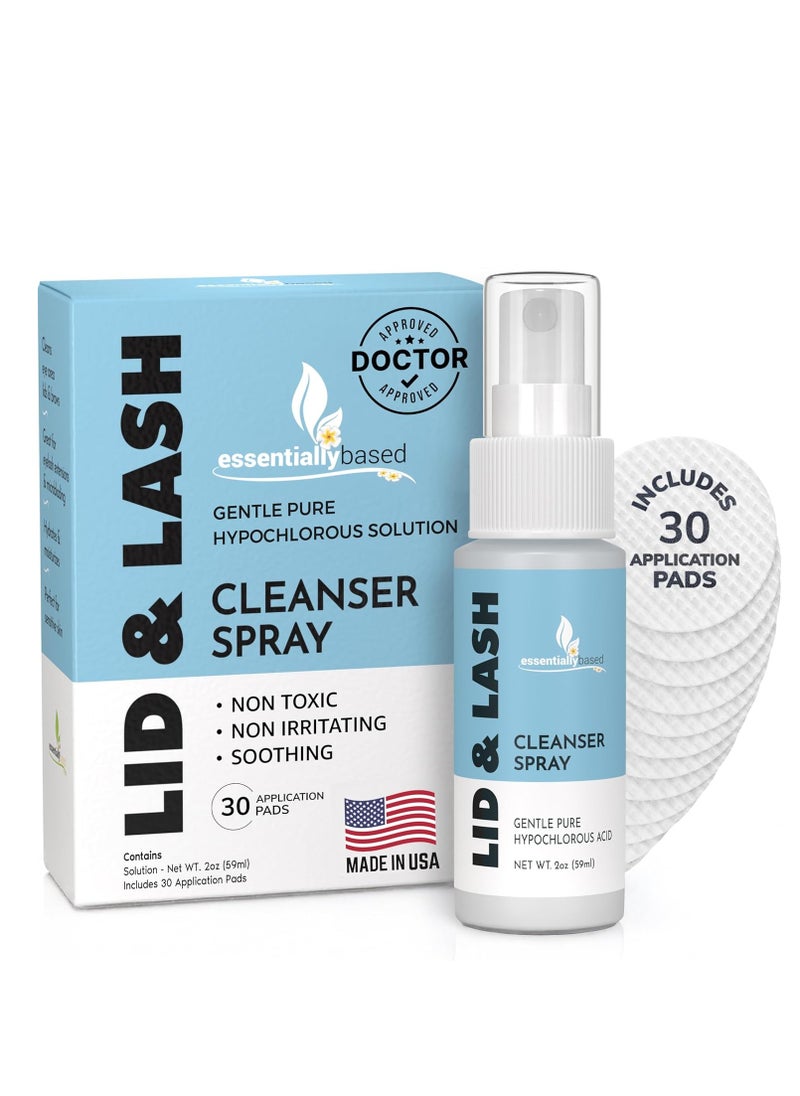 Essentially Based Eyelid Cleanser Kit - 2 oz Eyelids and Eyelash Cleaner - Hypochlorous Acid Spray Solution - Eye Wash Solution with 30 Application Pads - Made in USA