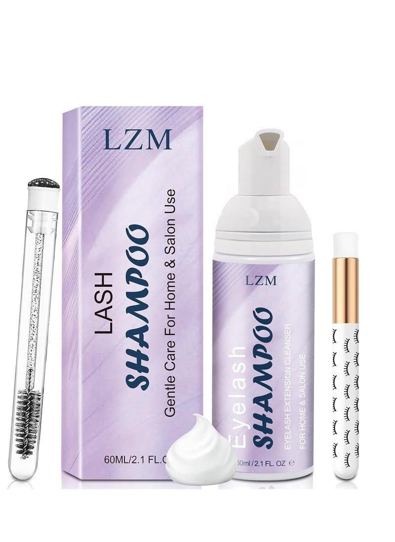 LZM Lash Shampoo Lash Cleaner - Lash Wash Cleaning kit for Cluster Lash/Eyelash Extensions, Lash Bath, Lash Cleanser Foam, Lash Soap, Lash Care Oil Free, 60ml(3-IN-1 SHAMPOO KIT)