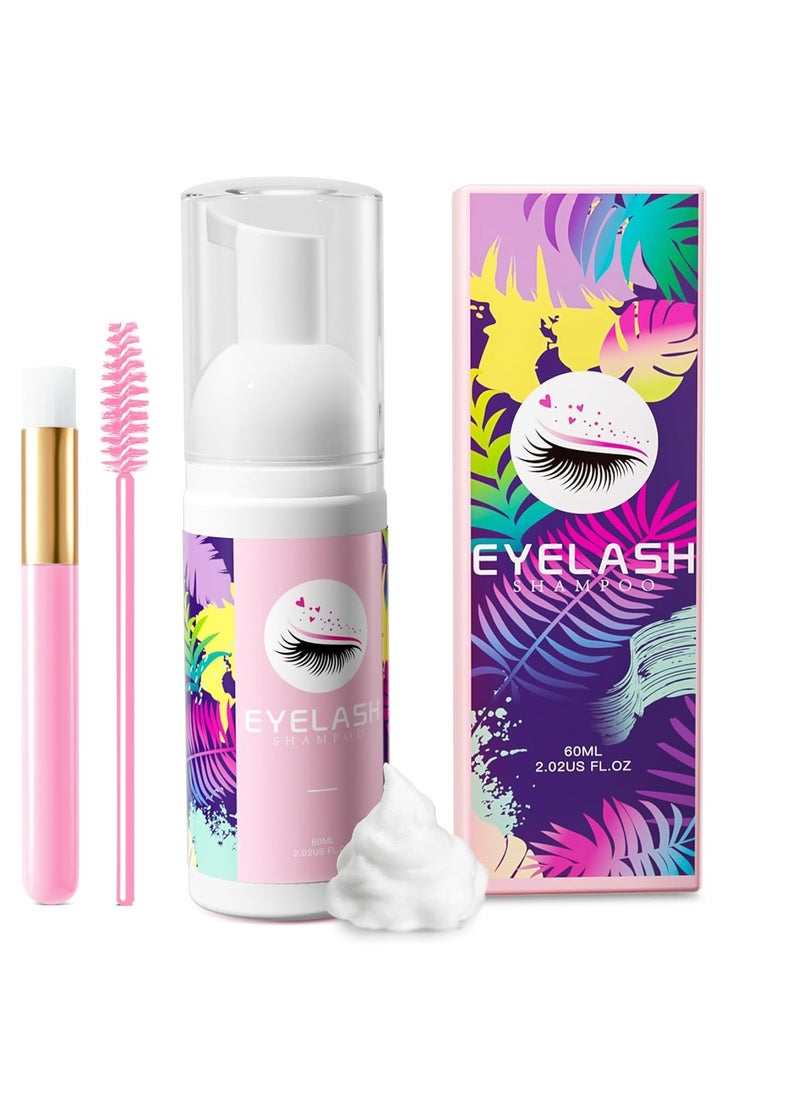 Buqikma Lash Shampoo for Lash Extensions 60Ml/2.11fl.Oz Eyelash Extension Cleanser Gentle Foaming Eyelash Shampoo Bath Eyelash Cleaning Kit with Lash Shampoo Brush Mascara Brush for Salon Home Care