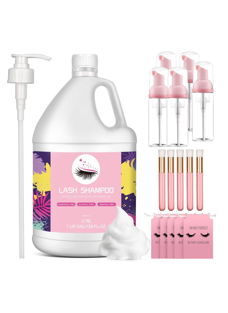 Buqikma Lash Shampoo Bulk - 3.78L Eyelash Shampoo Gentle Lash Cleanser with Dispenser Pump and 5 Lash Shampoo Bottles,5 Bags,5 Brushes,Lash Extension Shampoo Lash Bath for Salon Home Use