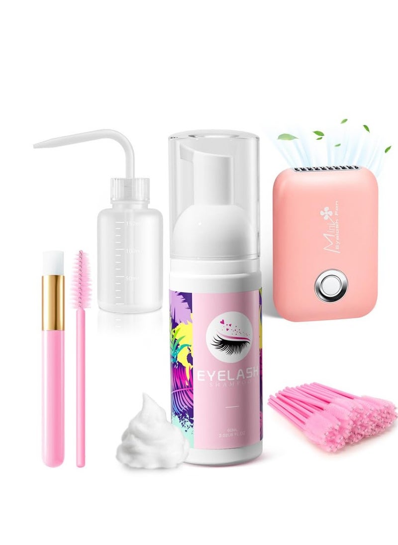 Buqikma Lash Shampoo 60ML - Lash Cleaning Kit Gentle Eyelash Extension Cleanser with Lash Fan Rinse Bottle Mascara Brushes Rich Foam Lash Shampoo Kit for Salon Lash Extension & Home Lash Bath(Pink)