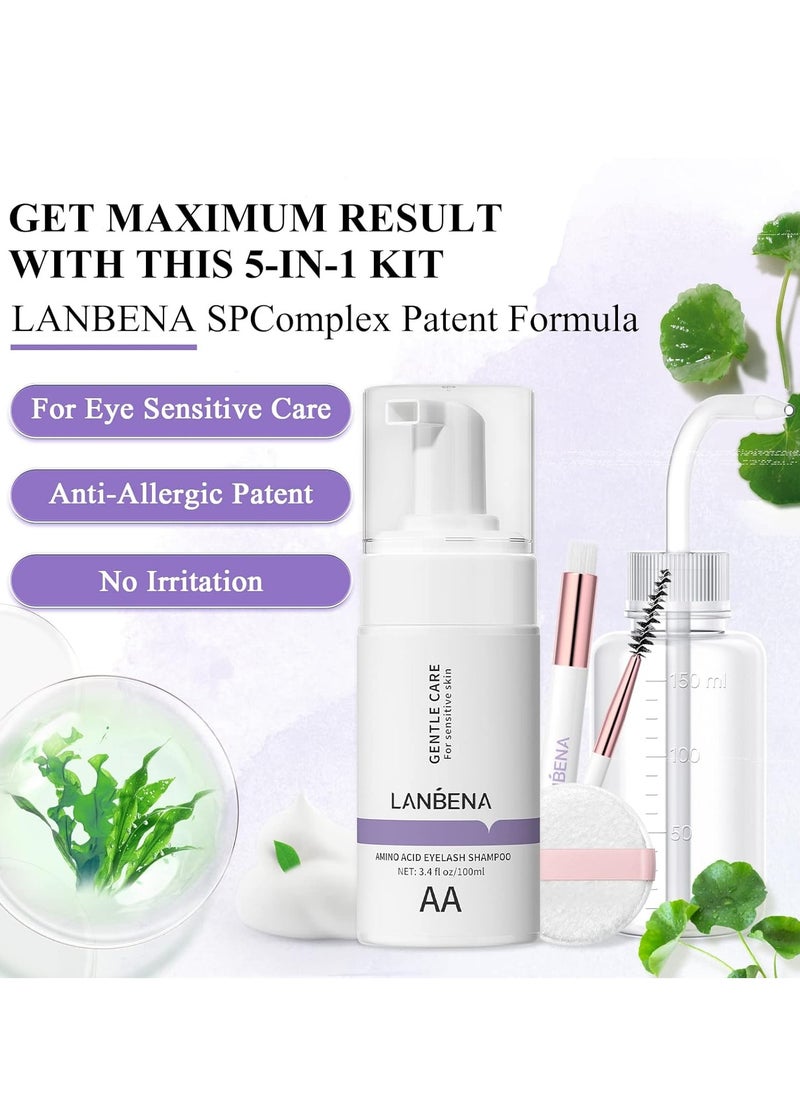 LANBENA Lash and Eyelash Cleanser Kit 100ml - Amino Acid Foam for Sensitive Skin, Makeup Remover, Paraben & Sulfate Free