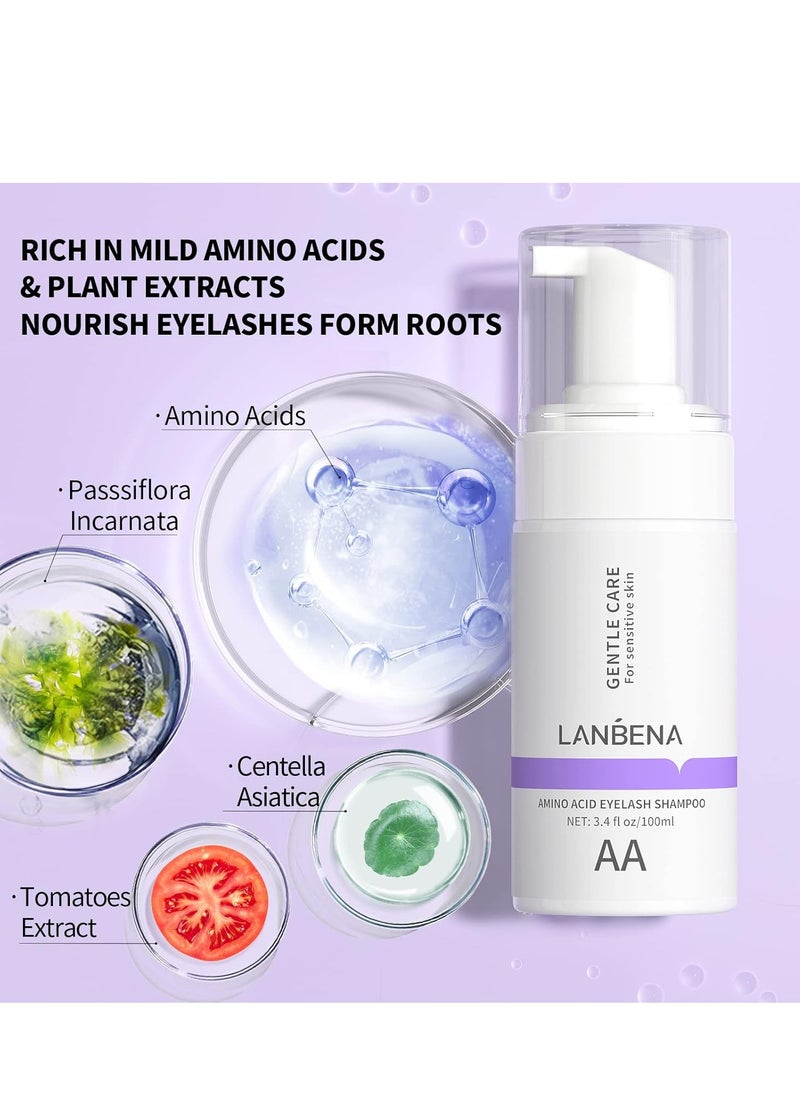 LANBENA Lash and Eyelash Cleanser Kit 100ml - Amino Acid Foam for Sensitive Skin, Makeup Remover, Paraben & Sulfate Free