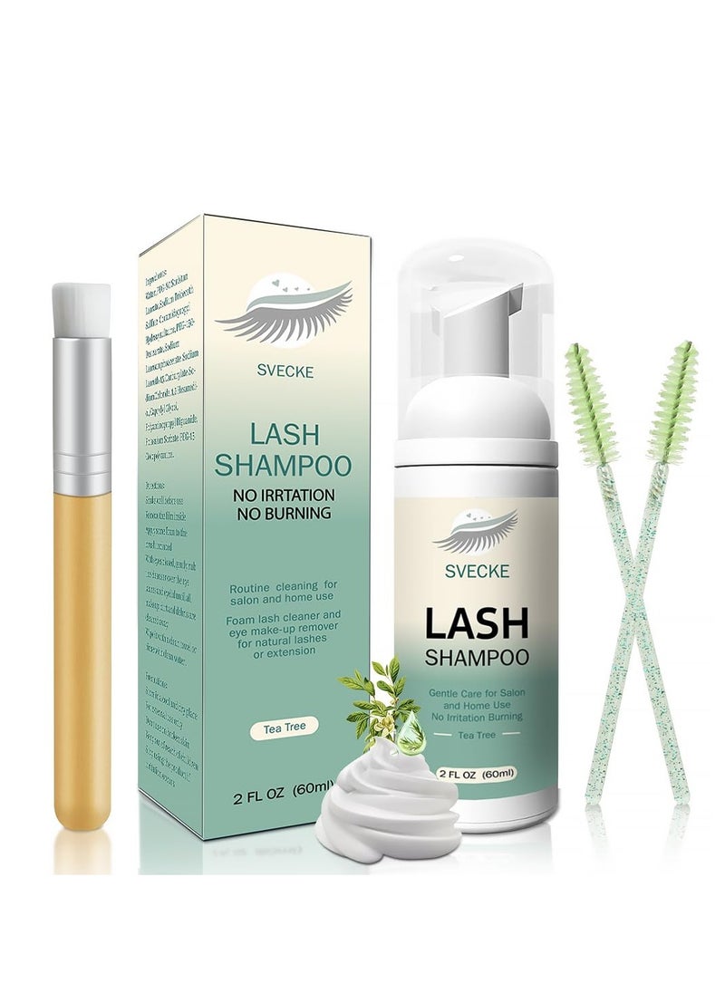 Lash Shampoo Kit for Eyelash Extension, Eyelash Shampoo 2 fl.oz / 60ml, Eyelash Extension Cleanser, Lash Eyelid Foam Cleaning Kit for Salon Use and Home Use (Tea Tree)