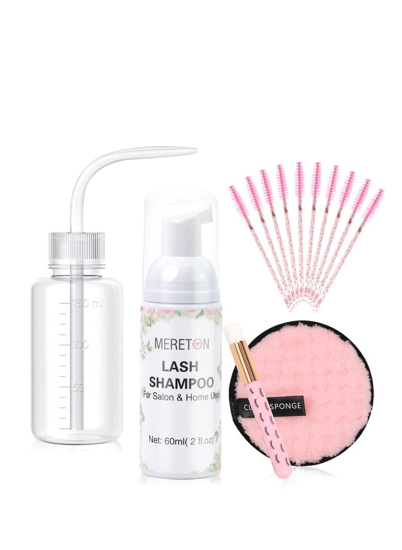 Lash Shampoo Kit for Lash Extensions, Eyelash Extension Cleanser Lash Cleaner Lash Cleaning Kit for Cluster Lashes Lash Bath with Makeup Pad+ Brush+Rinse Bottle, Oil Free Foam