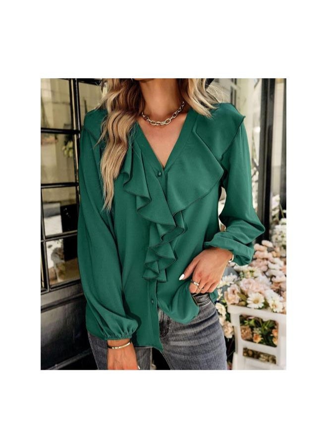 Womens V Neck Long Sleeve Ruffle Blouses Loose Fit Button Down Shirts Casual Top