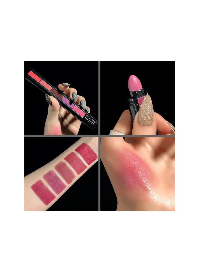 5 Colors In 1 Velvet Matte Lipstick, Long Lasting Waterproof Lipstick Smooth Soft Lips Gloss, High-Pigment, Non-Faded, Cosmetics Makeup Gift for Women Teen Girls Daily/Travel/Party/Work (B)