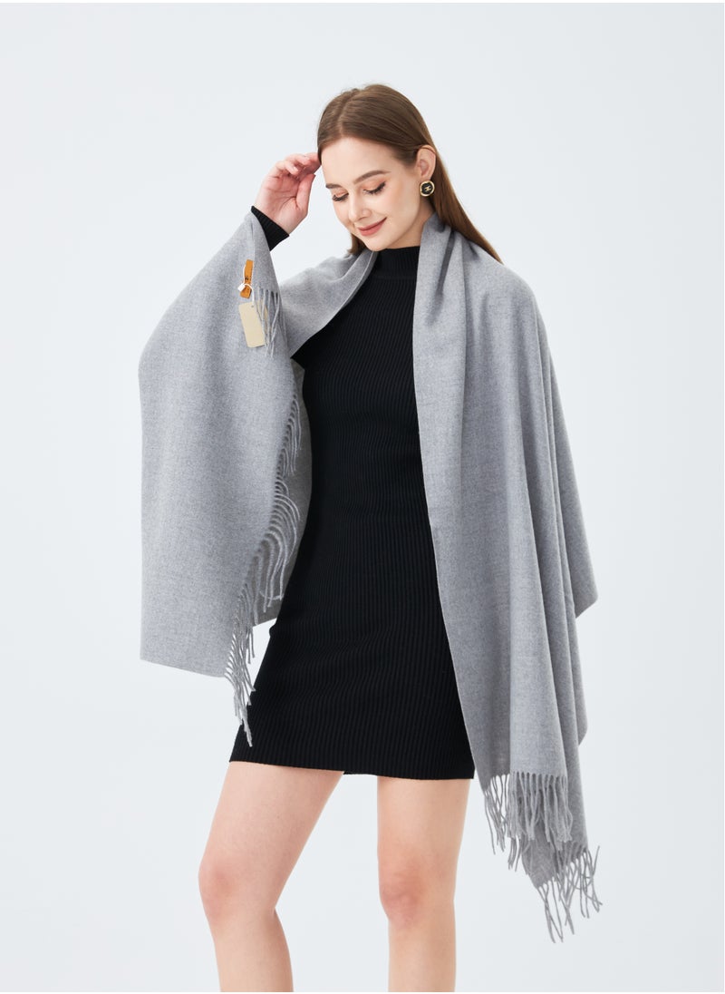 Plain Wool Scarf with Tassels Warm and Soft Grey