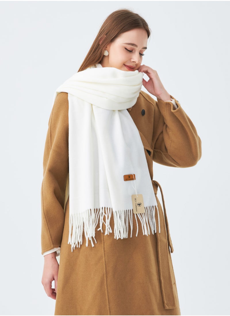 Plain Wool Scarf with Tassels Warm and Soft White