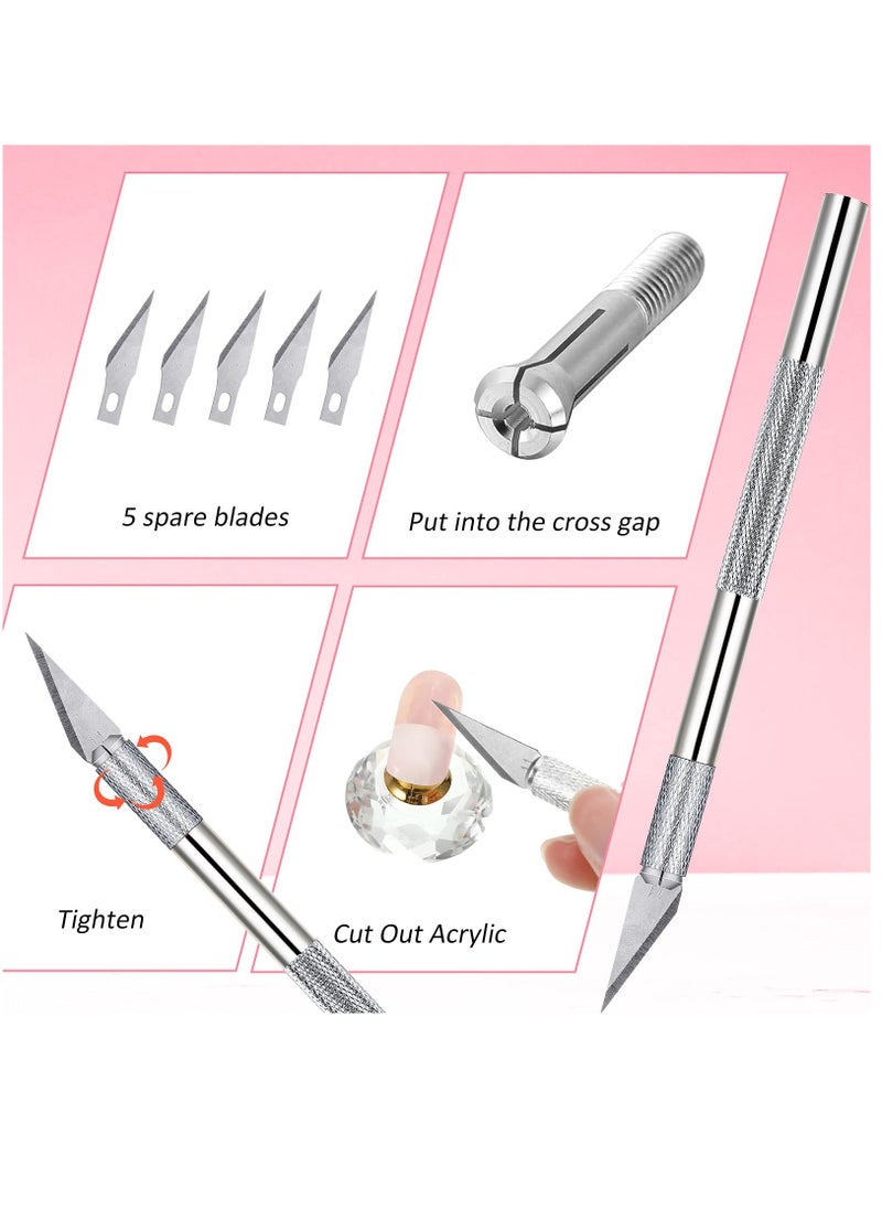 12 Pieces French Nail Trimmer, Stainless Steel French Tip Cutters, Smile Line Cutter Edge Manicure DIY Plate Module with 2 Handles French Tip Cutting Knife and 5 Spare Blade for Acrylic Nail