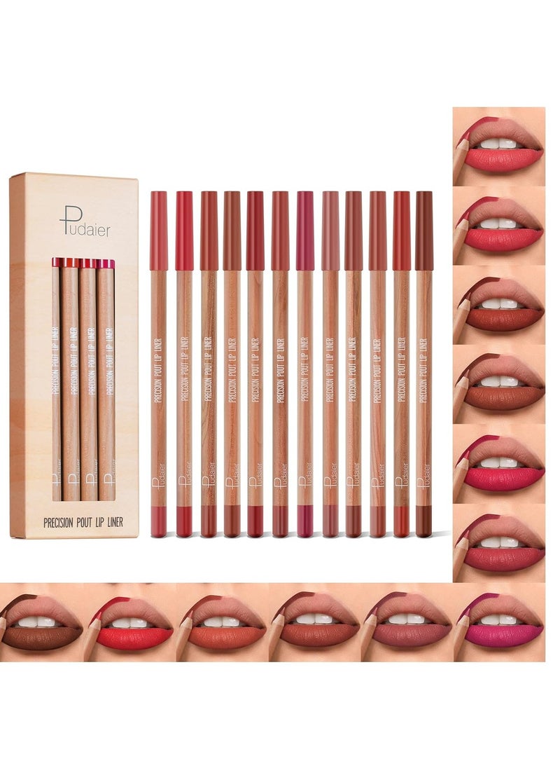 Lip Liner Set, 12Pcs Pure Natural Oak Brown Pink Red Series Lip Liners, Smooth and High Pigmented Lip Makeup Pencil